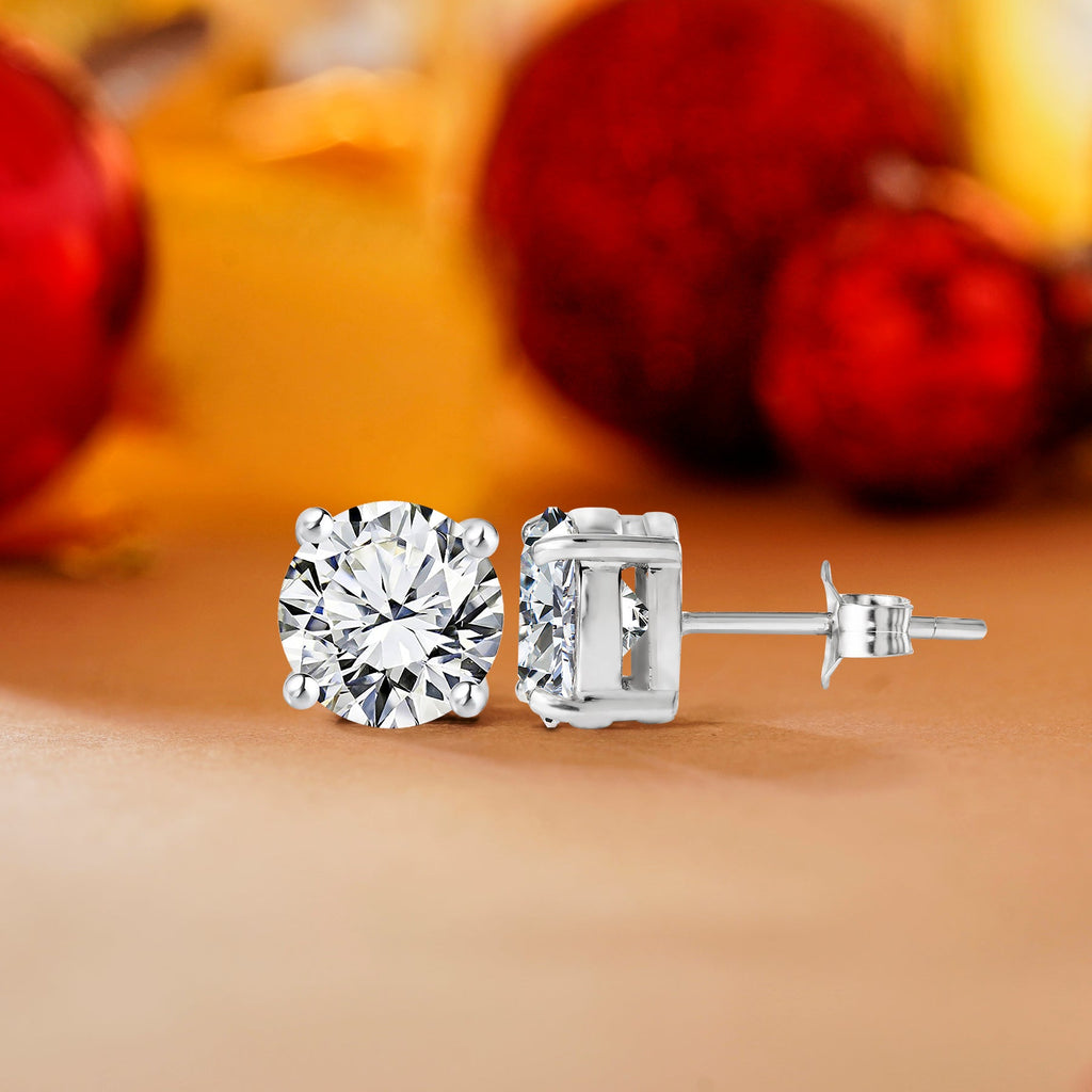 Certified 4 Prong 4 Carat Round Shaped Moissanite Solitaire Stud Earrings In 18K Rose Gold Plating Over Silver