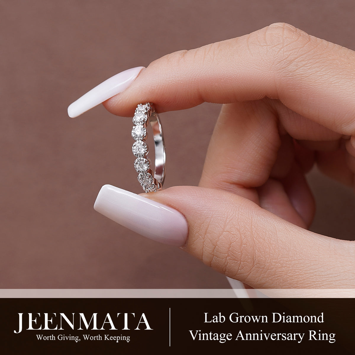 JeenMata Lab Grown Diamond Round Prong Set Vintage Anniversary Ring in 18K White Gold Plated for Women