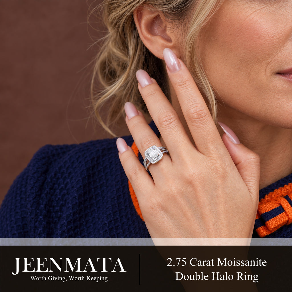 JeenMata 2.75 Carat Emerald Cut Moissanite Double Halo Split Shank Engagement Ring Set in 18K White Gold Plated for Women