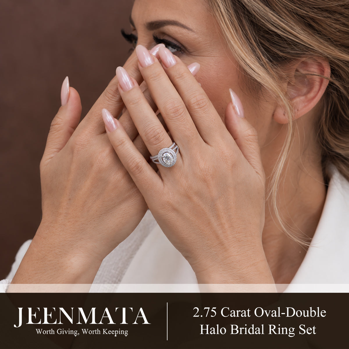 JeenMata 2.75 Carat Oval Cut Moissanite Double Halo Split Shank Engagement Ring Set in 18K White Gold Plated for Women