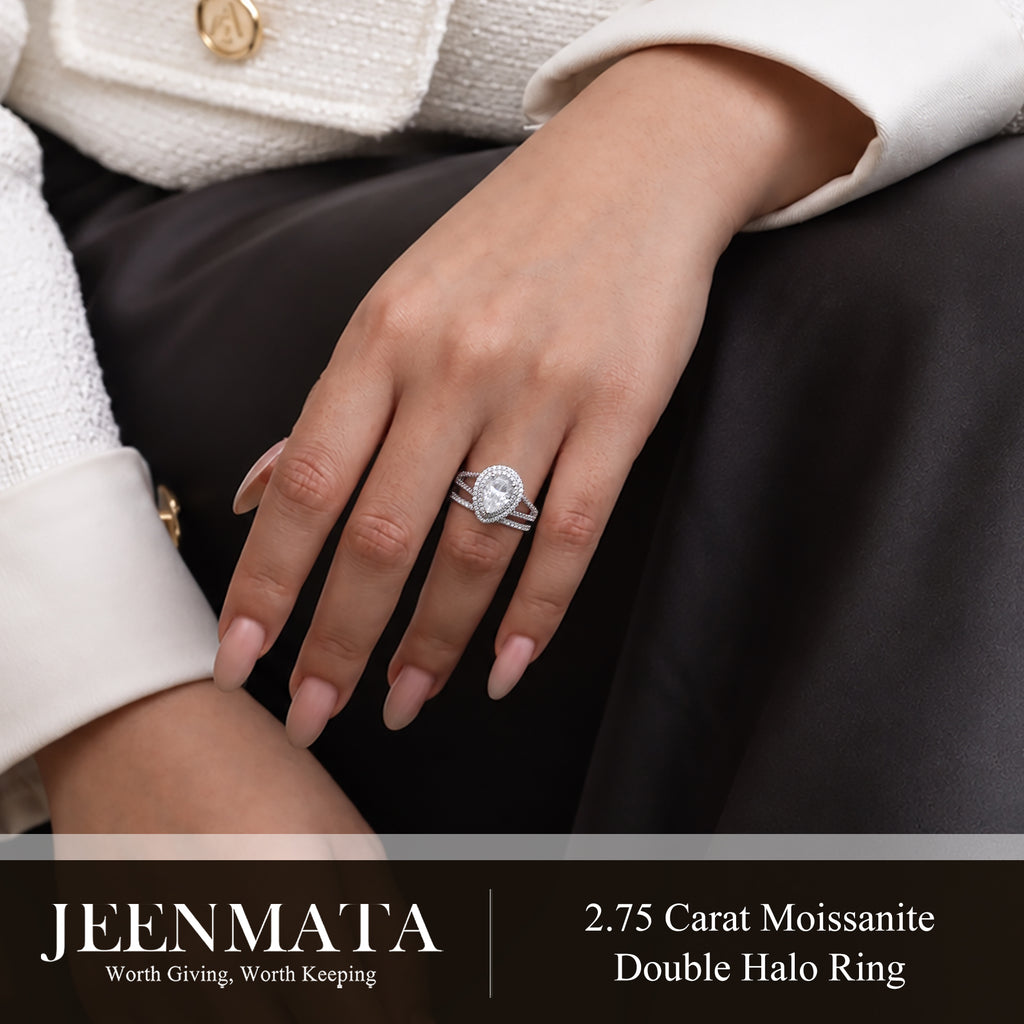 JeenMata 2.75 Carat Pear Cut Moissanite Double Halo Split Shank Engagement Ring Set in 18K White Gold Plated for Women