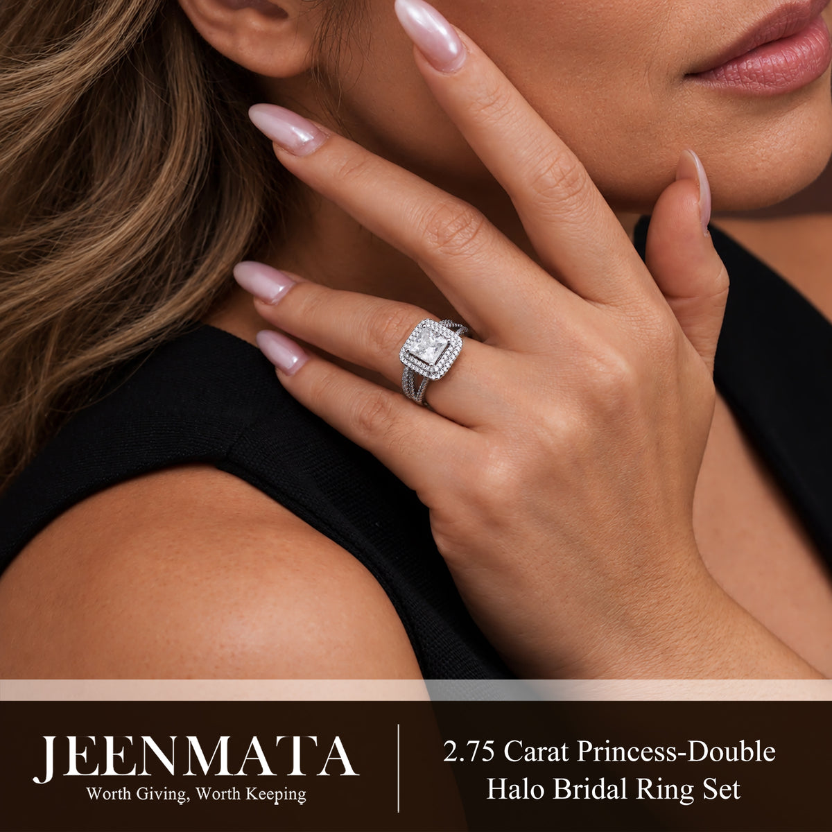 JeenMata 2.75 Carat Princess Cut Moissanite Double Halo Split Shank Engagement Ring Set in 18K White Gold Plated for Women