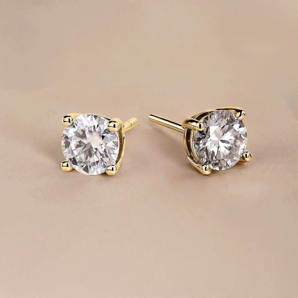 JeenMata Lab Grown Diamond Earrings 1 Carat Round Cut 18K Yellow Gold Plated Solitaire Studs for Women