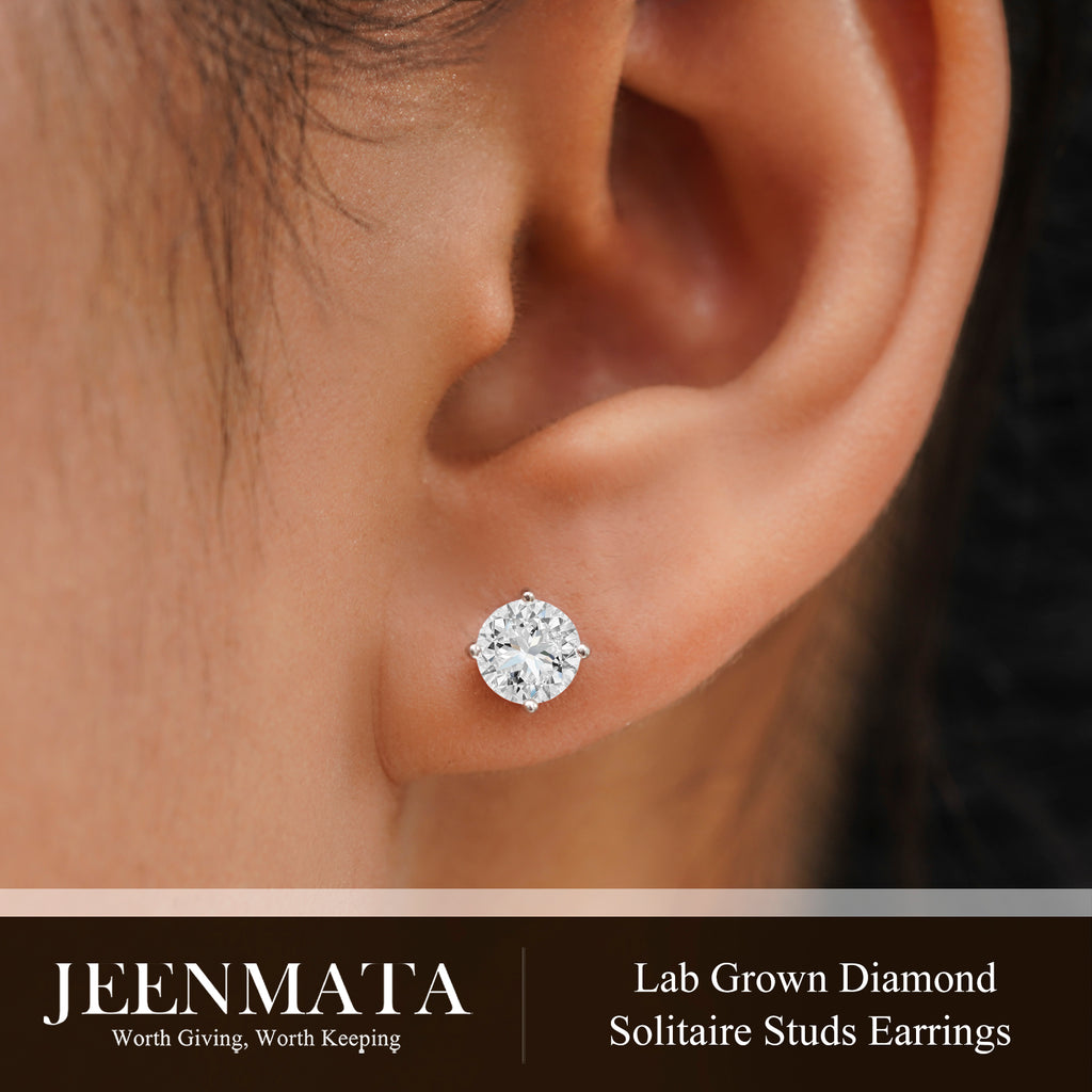 JeenMata Lab Grown Diamond Earrings 0.75 Carat Round Cut 18K White Gold Plated Solitaire Studs for Women