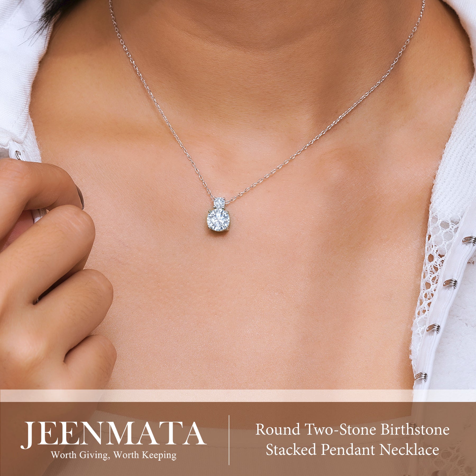 JeenMata 3.75 Carat April Cubic Zirconia Birthstone Necklace - Dangling Round Cut Necklace Pendant in White Gold Plating for Women