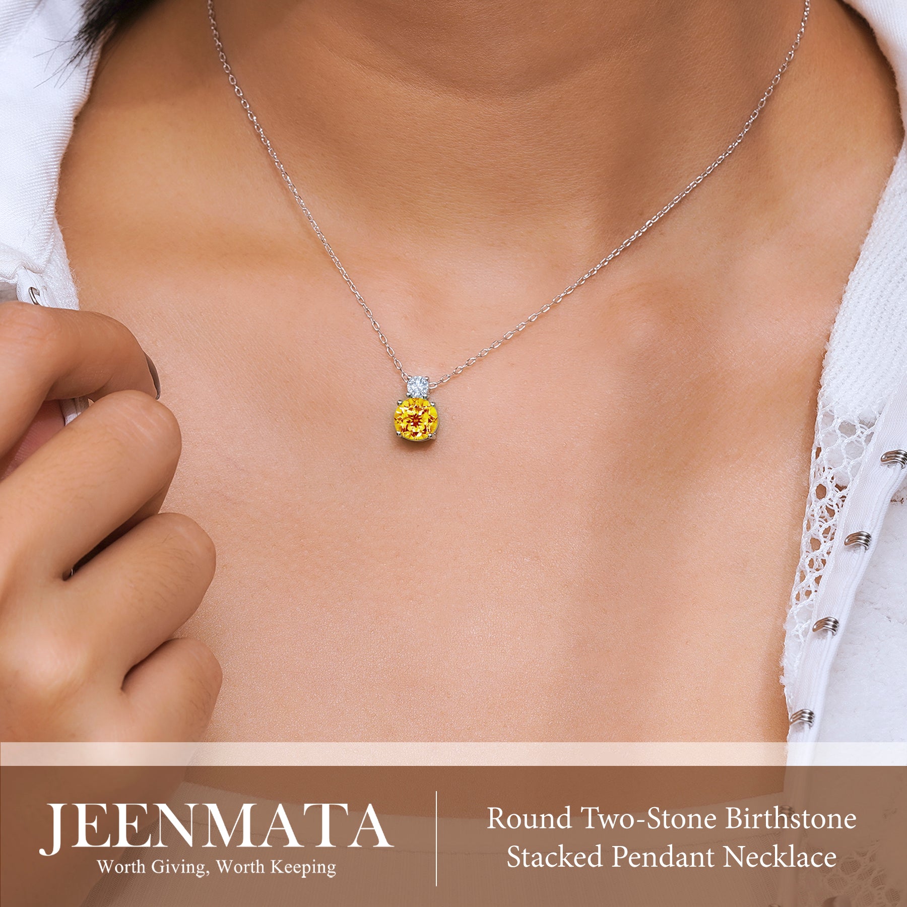 JeenMata 3.75 Carat November Citrine Birthstone Necklace - Dangling Round Cut Necklace Pendant in White Gold Plating for Women