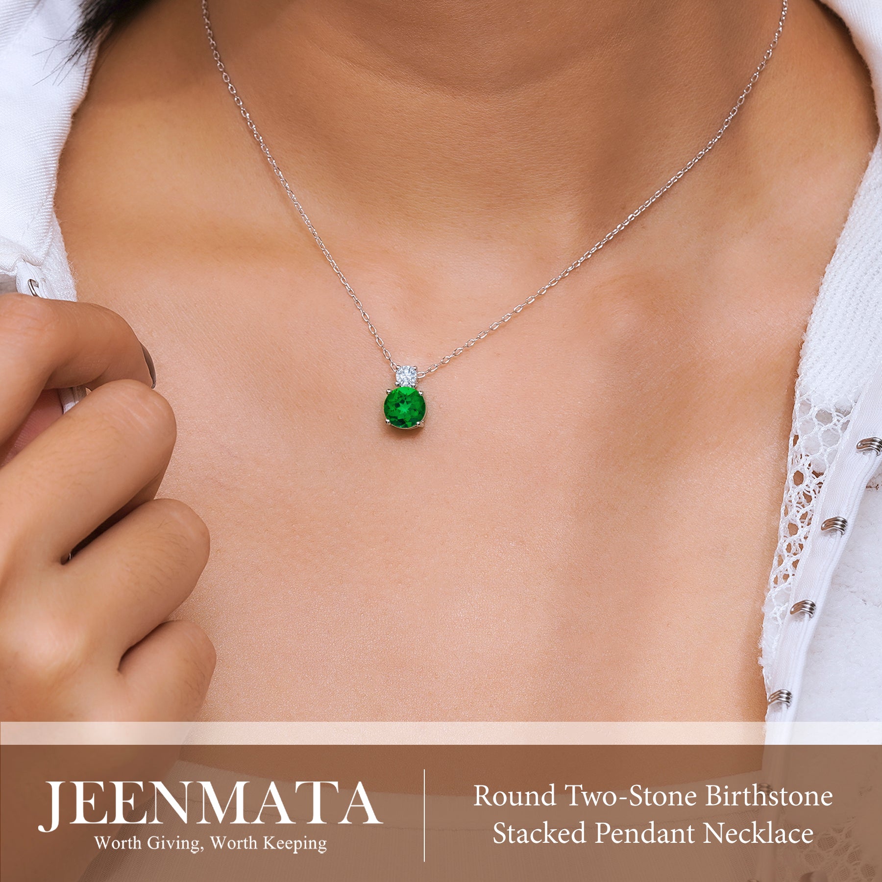 JeenMata 3.75 Carat May Emerald Birthstone Necklace - Dangling Round Cut Necklace Pendant in White Gold Plating for Women