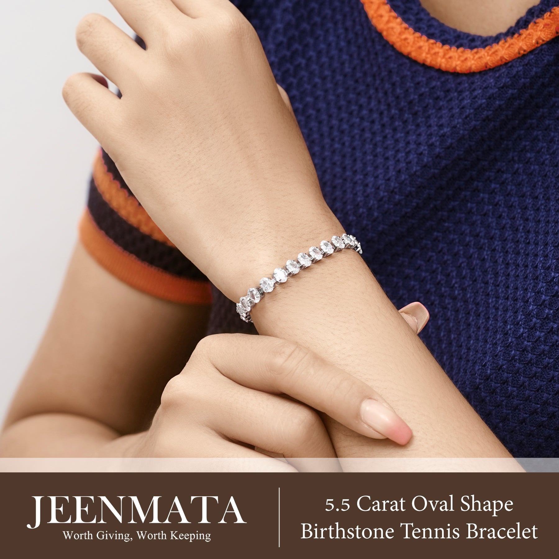 JeenMata 5.5 Carat April Cubic Zirconia - Oval Cut Birthstone Tennis Bracelet Eternity Design - White Gold Plating, Female, Adult