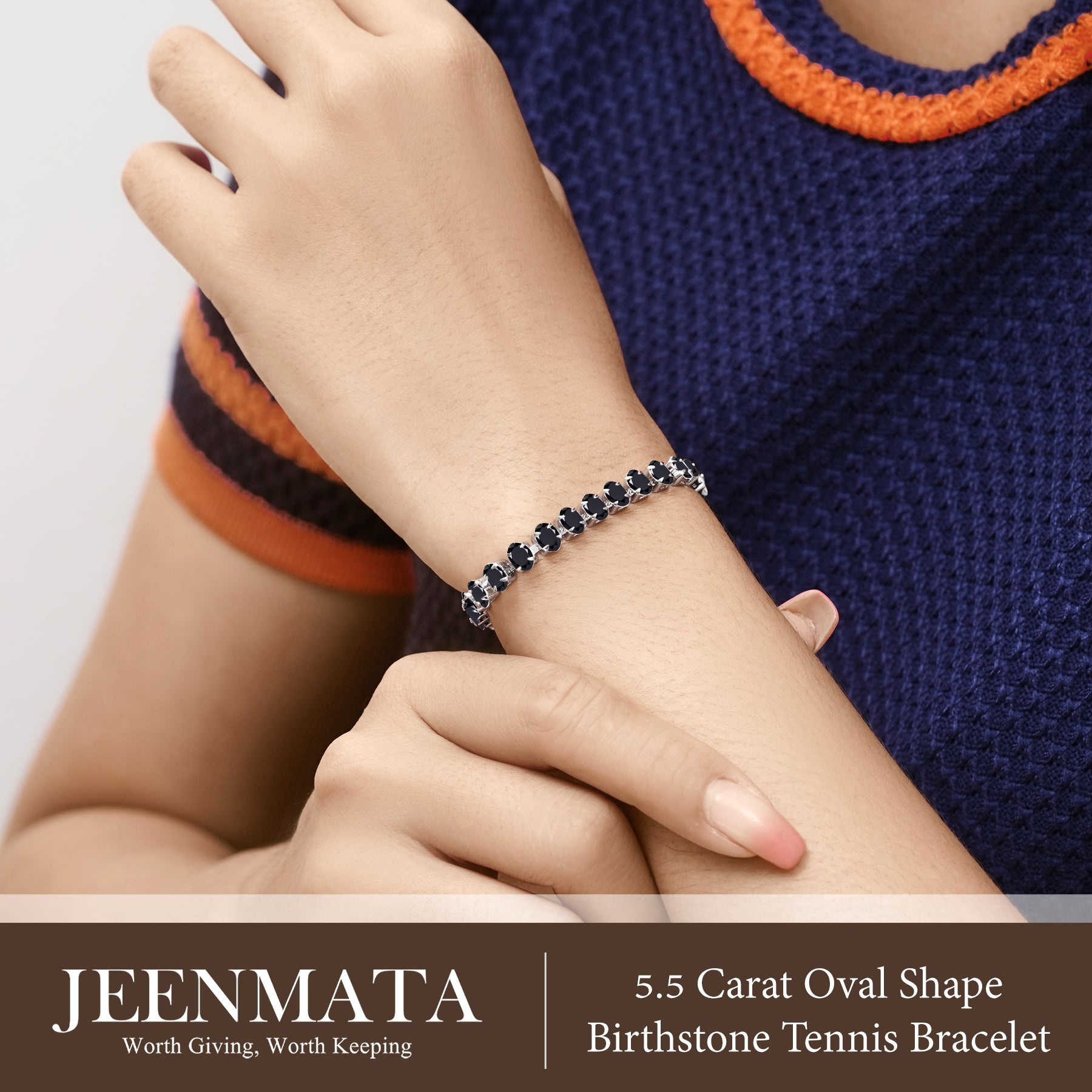 JeenMata 5.5 Carat Black Cubic Zirconia - Oval Cut Birthstone Tennis Bracelet Eternity Design - White Gold Plating, Female, Adult