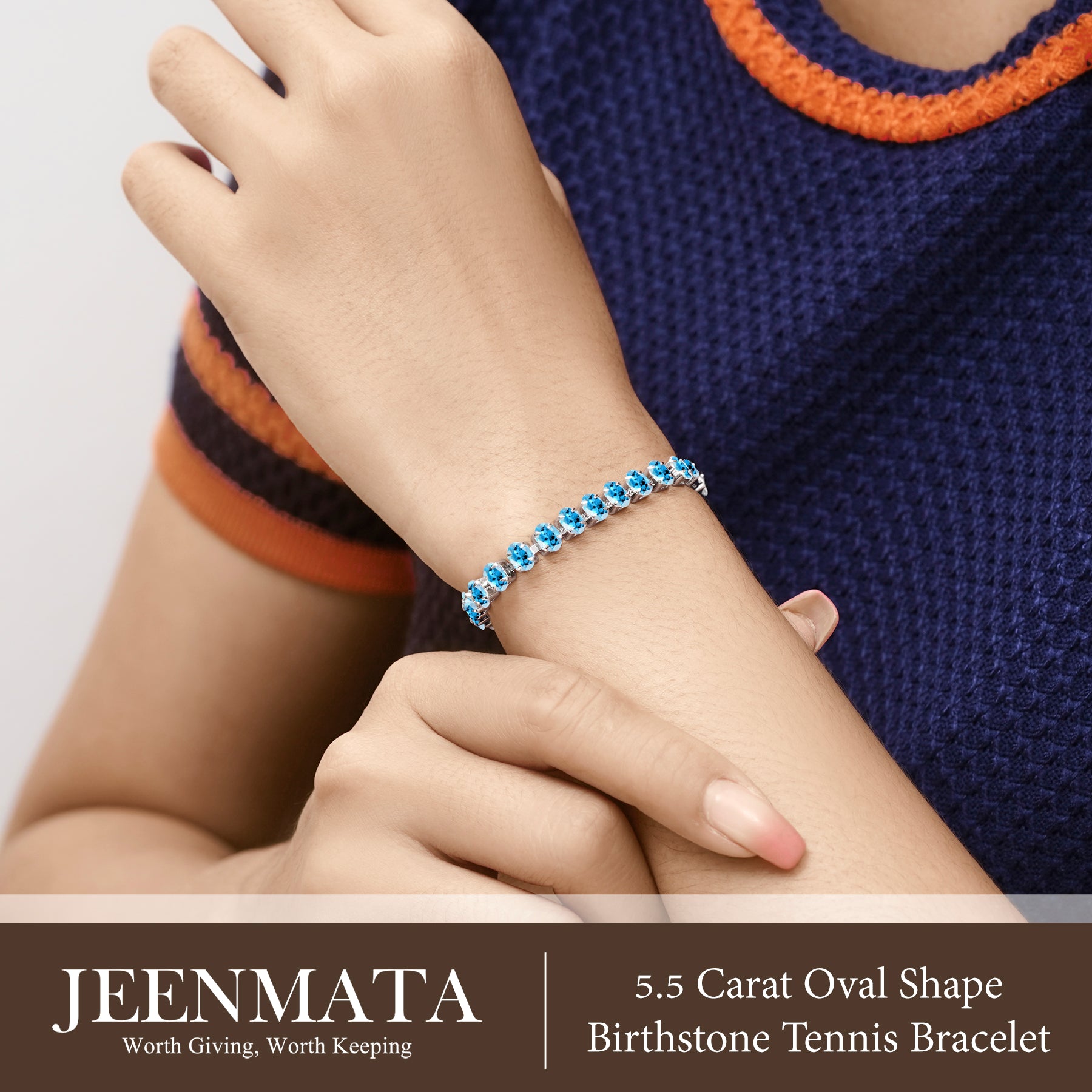 JeenMata 5.5 Carat December Blue Topaz - Oval Cut Birthstone Tennis Bracelet Eternity Design - White Gold Plating, Female, Adult