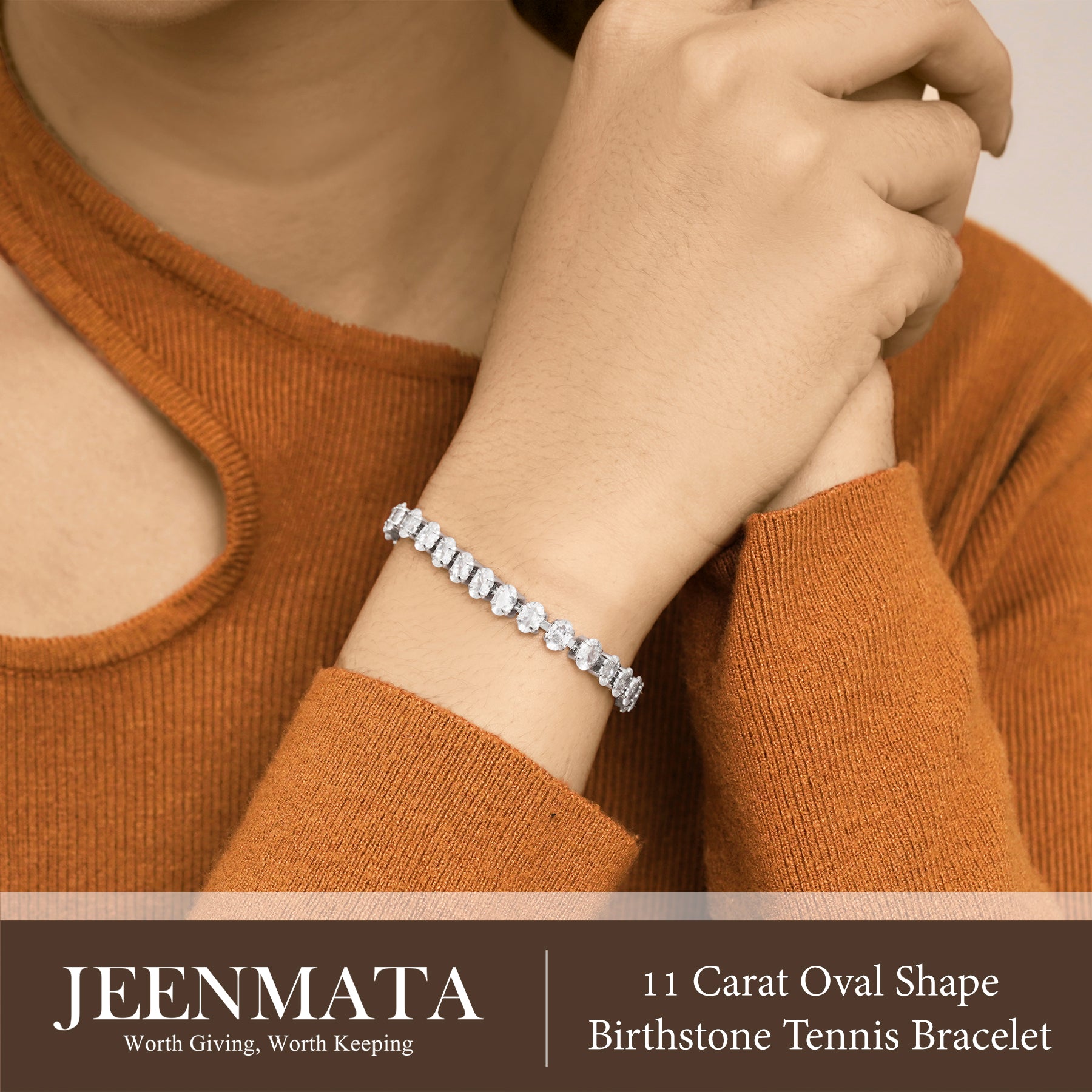 JeenMata 11 TCW April Cubic Zirconia - Oval Cut Birthstone Tennis Bracelet for Women in Eternity Design - White Gold Plating, Female, Adult