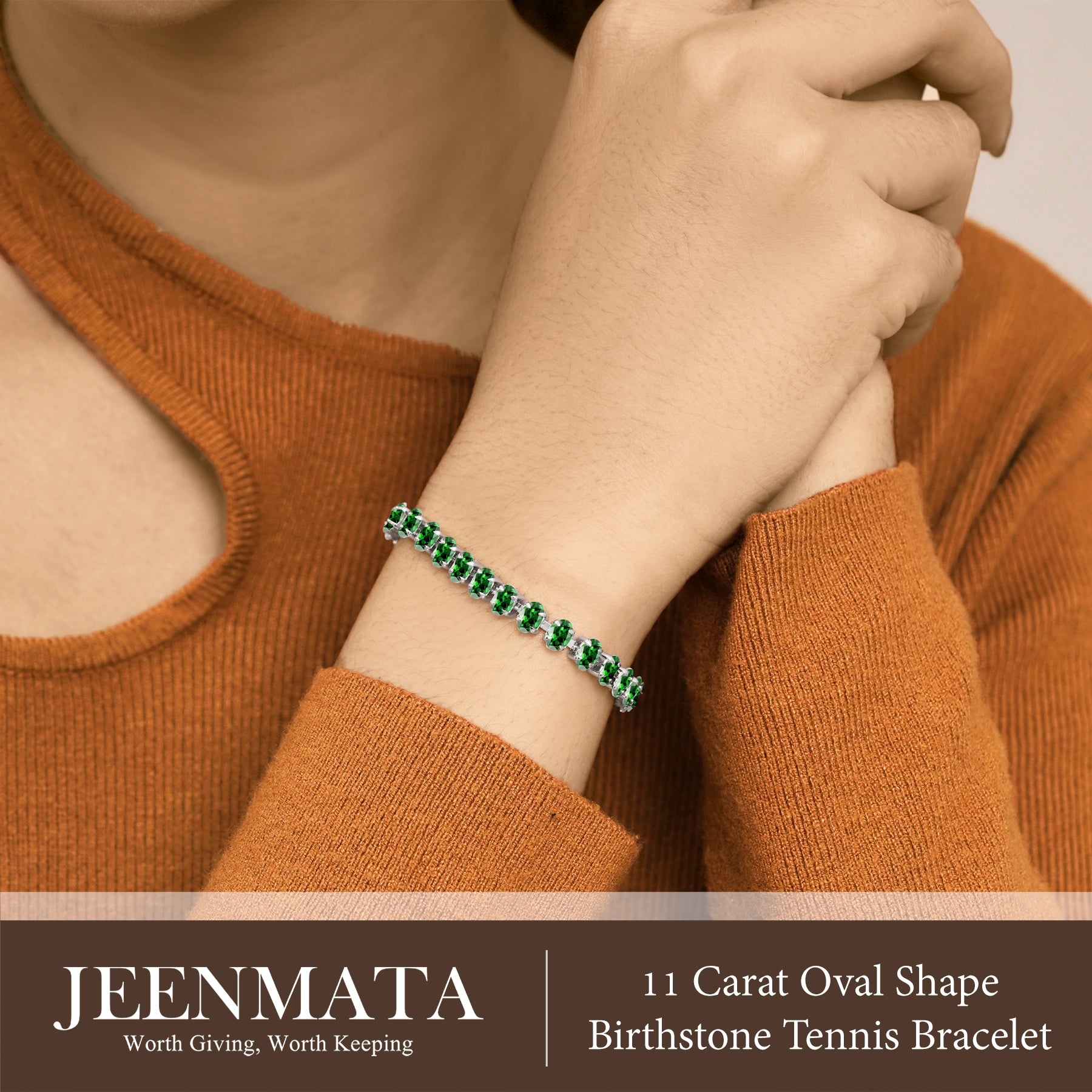 JeenMata 11 TCW May Emerald - Oval Cut Birthstone Tennis Bracelet for Women in Eternity Design - White Gold Plating, Female, Adult