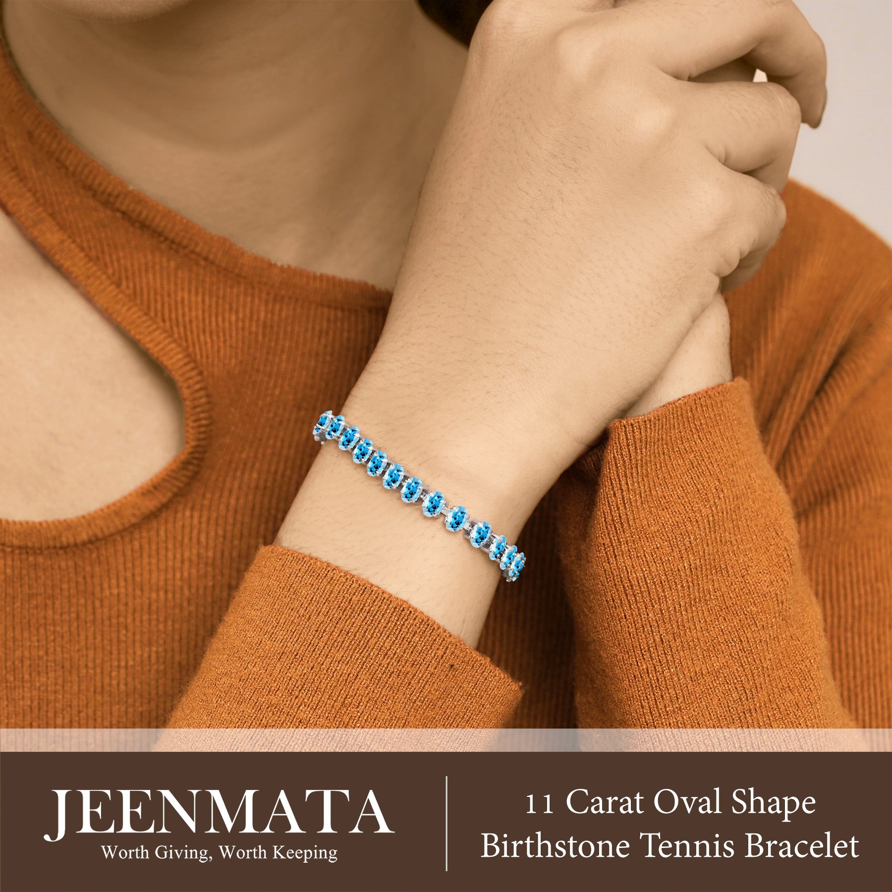 JeenMata 11 TCW December Blue Topaz - Oval Cut Birthstone Tennis Bracelet for Women in Eternity Design - White Gold Plating, Female, Adult