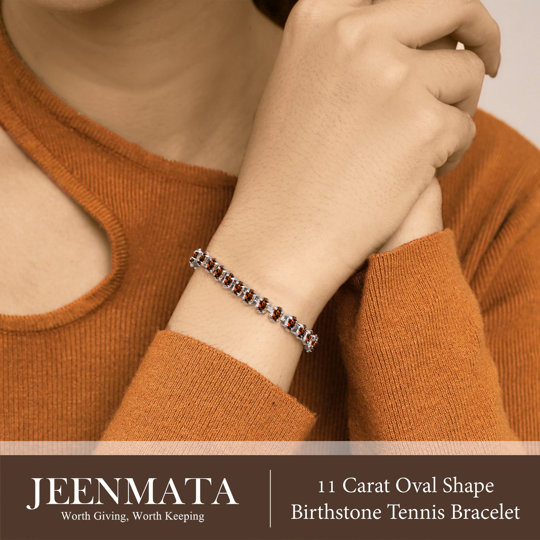 JeenMata 11 TCW January Garnet - Oval Cut Birthstone Tennis Bracelet for Women in Eternity Design - White Gold Plating, Female, Adult
