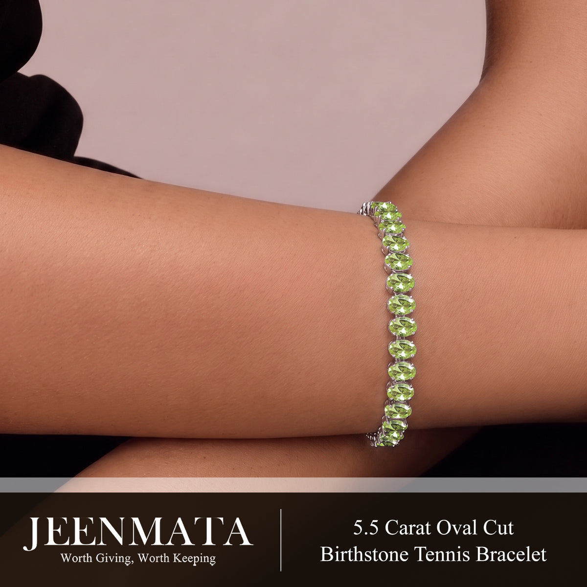 JeenMata 5.5 Carat August Peridot - Oval Cut Birthstone Tennis Bracelet Eternity Design - White Gold Plating, Female, Adult