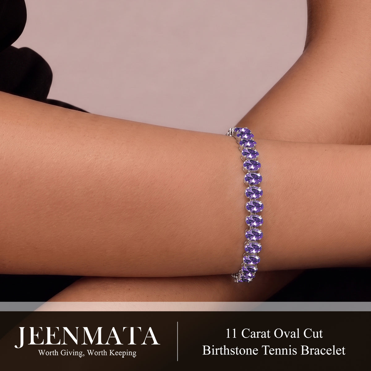 JeenMata 11 TCW February Amethyst - Oval Cut Birthstone Tennis Bracelet for Women in Eternity Design - White Gold Plating, Female, Adult