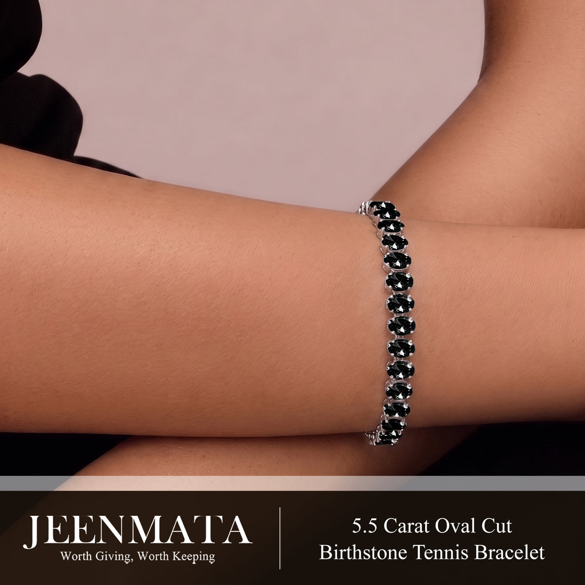 JeenMata 5.5 Carat Black Cubic Zirconia - Oval Cut Birthstone Tennis Bracelet Eternity Design - White Gold Plating, Female, Adult