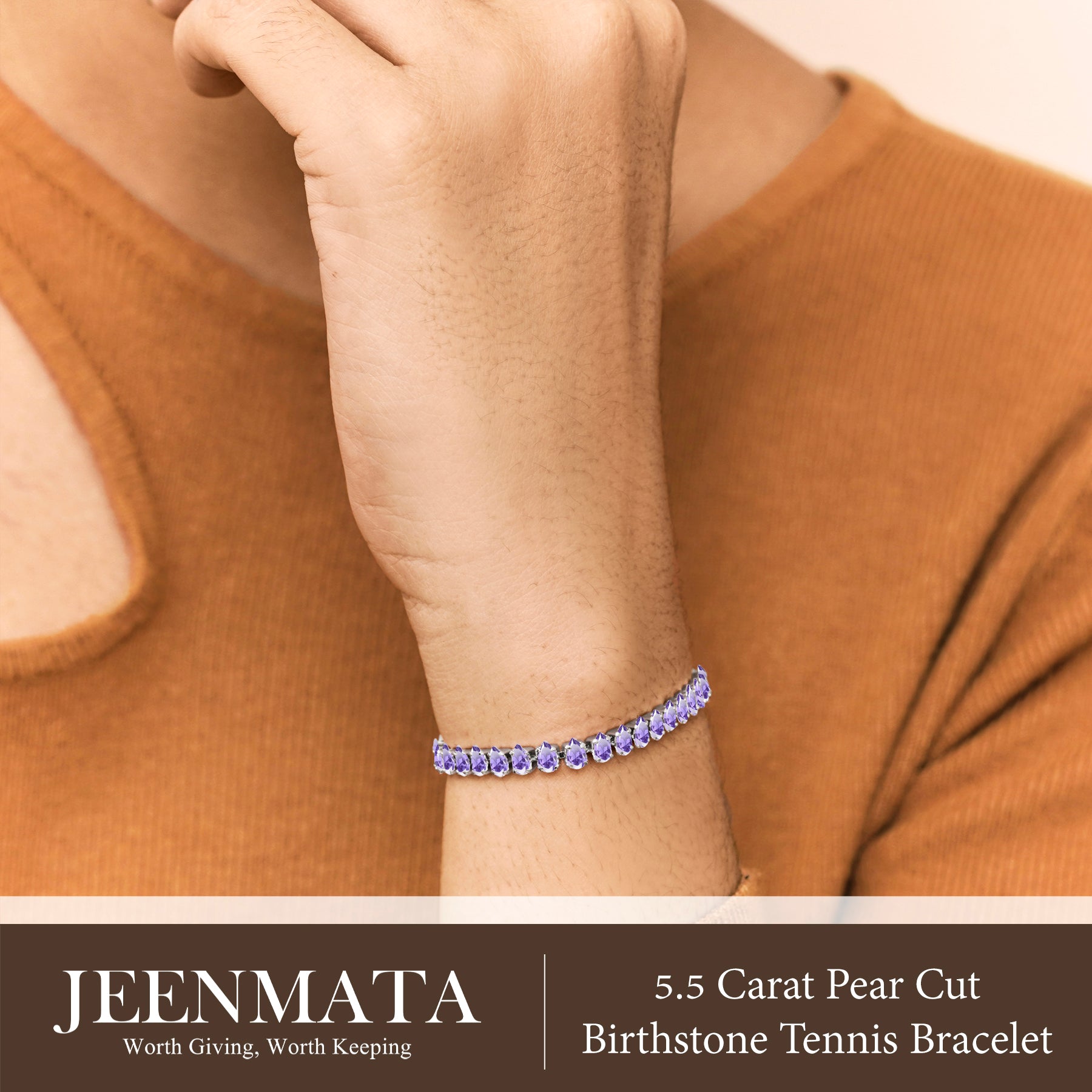 JeenMata 5.5 Carat February Amethyst - Pear Cut Birthstone Tennis Bracelet Eternity Design - White Gold Plating, Female, Adult