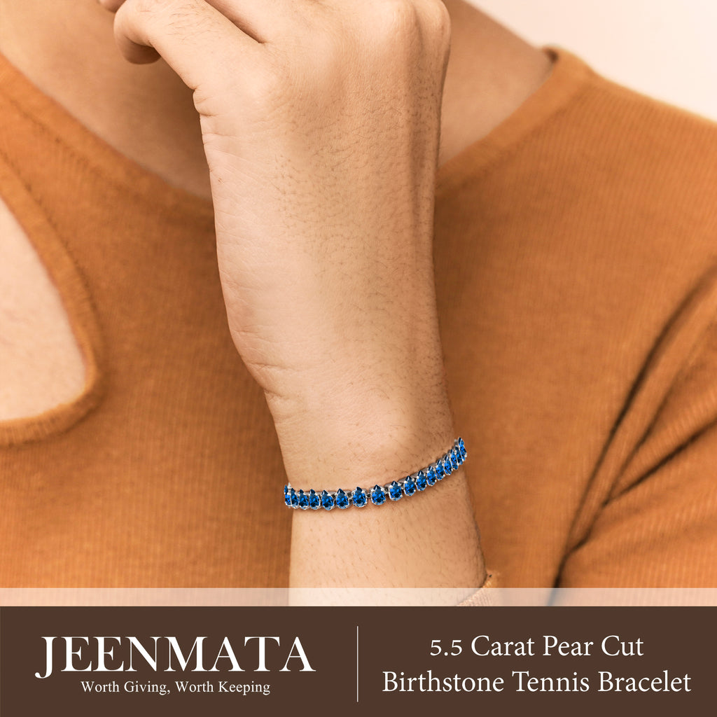 JeenMata 5.5 Carat September Blue Sapphire - Pear Cut Birthstone Tennis Bracelet Eternity Design - White Gold Plating, Female, Adult