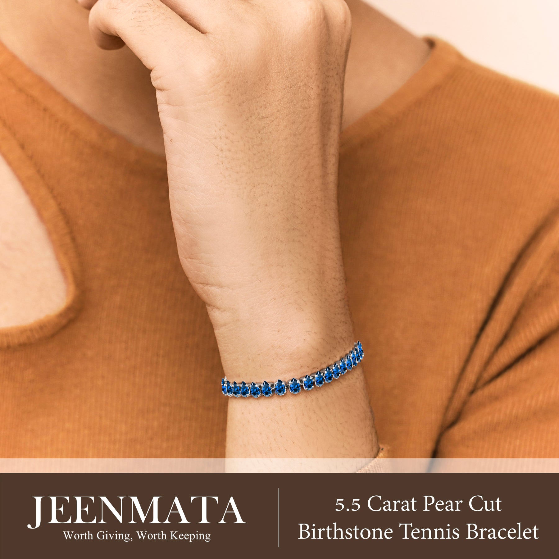 JeenMata 5.5 Carat September Blue Sapphire - Pear Cut Birthstone Tennis Bracelet Eternity Design - White Gold Plating, Female, Adult