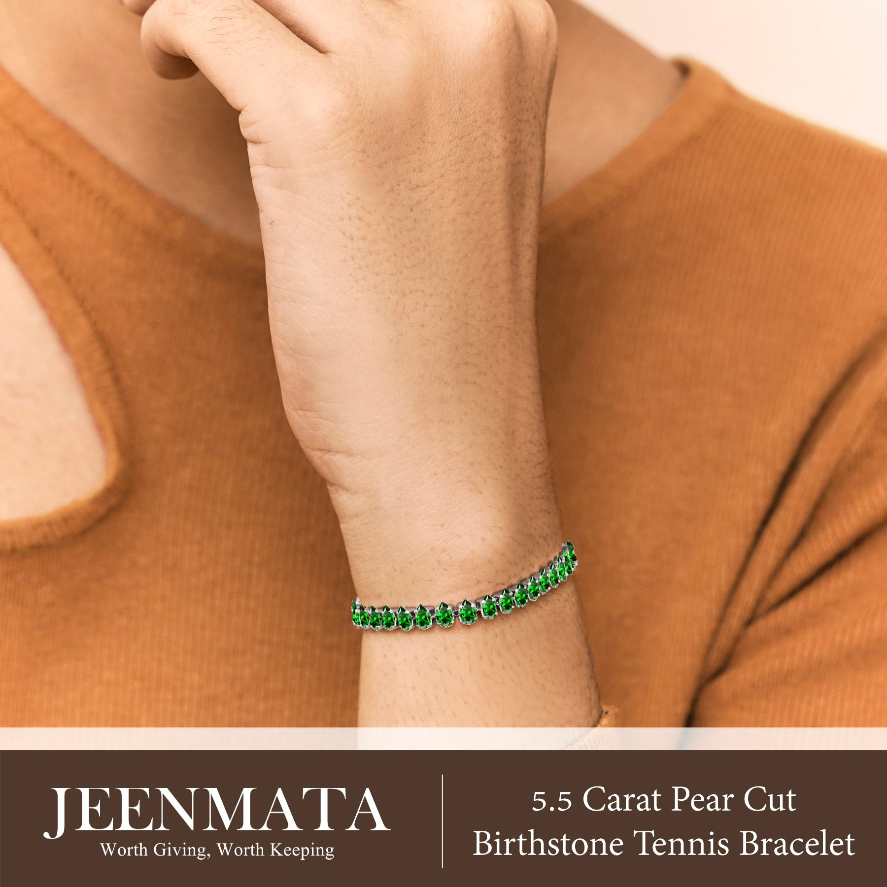 JeenMata 5.5 Carat May Emerald - Pear Cut Birthstone Tennis Bracelet Eternity Design - White Gold Plating, Female, Adult
