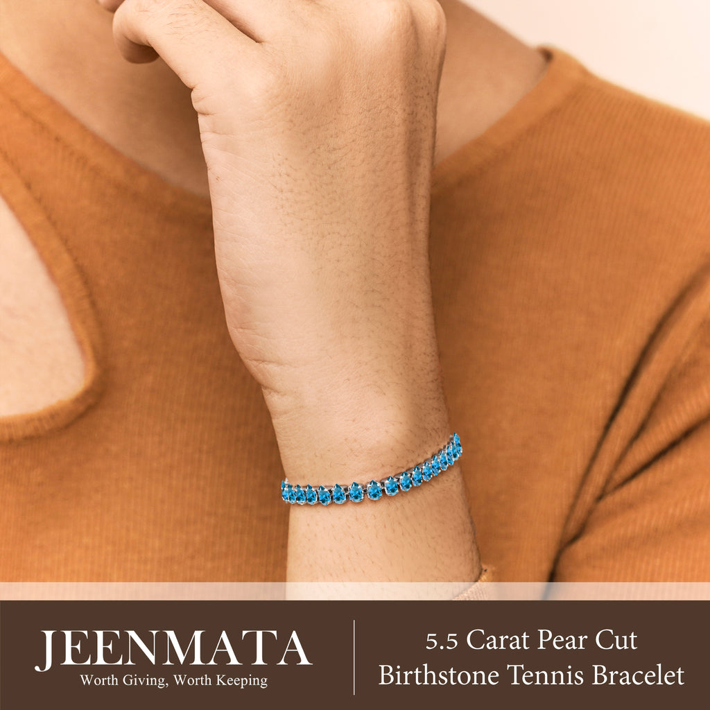 JeenMata 5.5 Carat December Blue Topaz - Pear Cut Birthstone Tennis Bracelet Eternity Design - White Gold Plating, Female, Adult