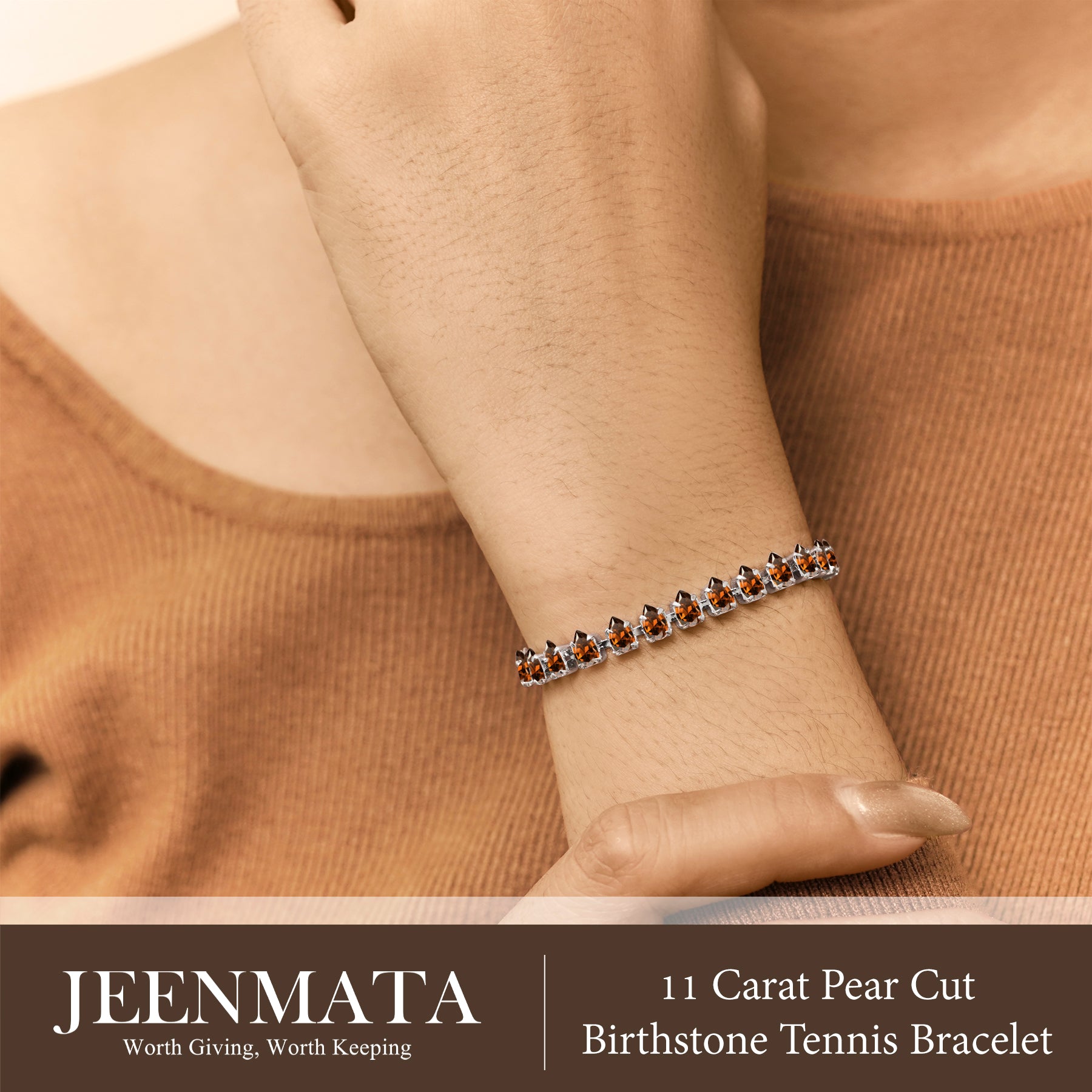 JeenMata 11 TCW January Garnet - Pear Cut Birthstone Tennis Bracelet for Women in Eternity Design - White Gold Plating, Female, Adult