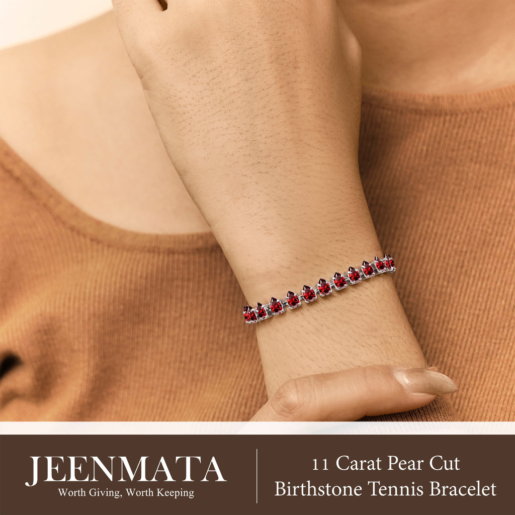 JeenMata 11 TCW July Ruby - Pear Cut Birthstone Tennis Bracelet for Women in Eternity Design - White Gold Plating, Female, Adult