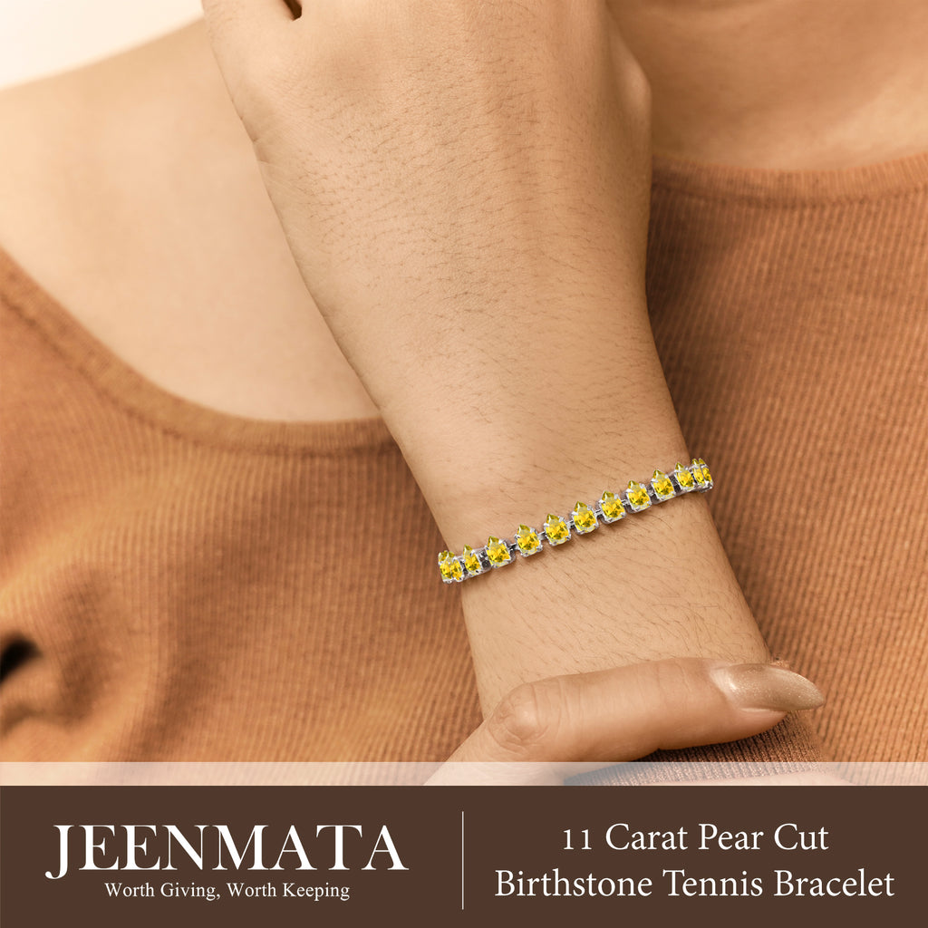 JeenMata 11 TCW November Citrine - Pear Cut Birthstone Tennis Bracelet for Women in Eternity Design - White Gold Plating, Female, Adult
