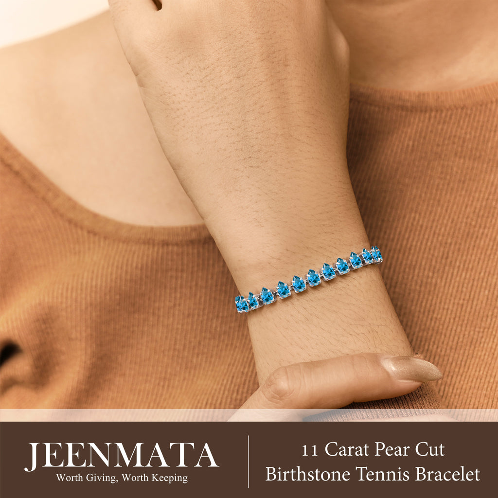 JeenMata 11 TCW December Blue Topaz - Pear Cut Birthstone Tennis Bracelet for Women in Eternity Design - White Gold Plating, Female, Adult