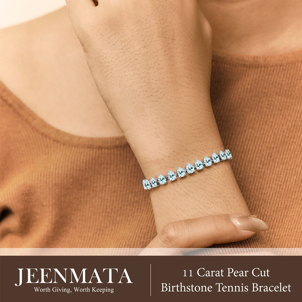 JeenMata 11 TCW March Aquamarine - Pear Cut Birthstone Tennis Bracelet for Women in Eternity Design - White Gold Plating, Female, Adult