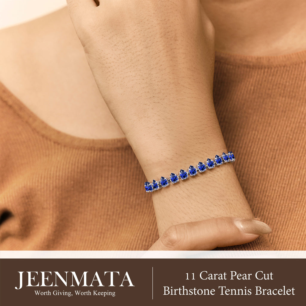 JeenMata 11 TCW June Alexandrite - Pear Cut Birthstone Tennis Bracelet for Women in Eternity Design - White Gold Plating, Female, Adult