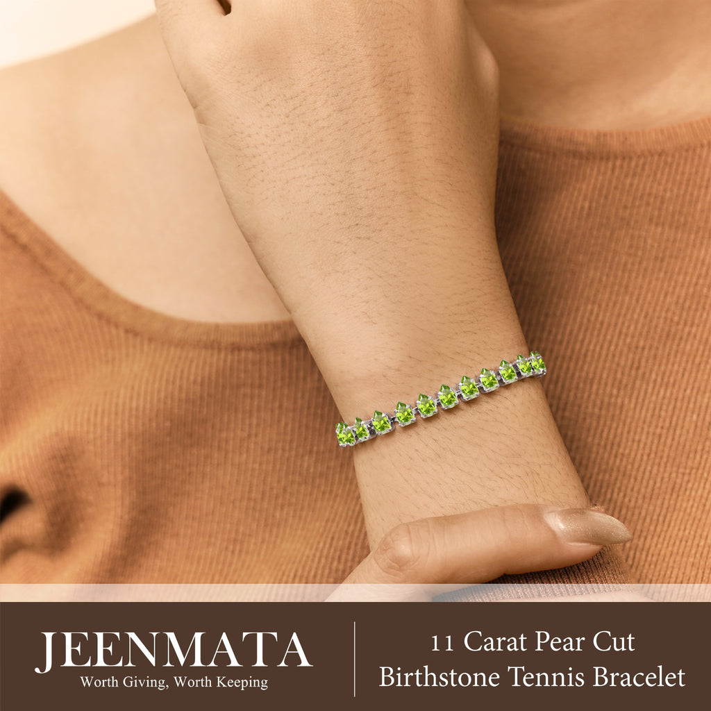 JeenMata 11 TCW August Peridot - Pear Cut Birthstone Tennis Bracelet for Women in Eternity Design - White Gold Plating, Female, Adult