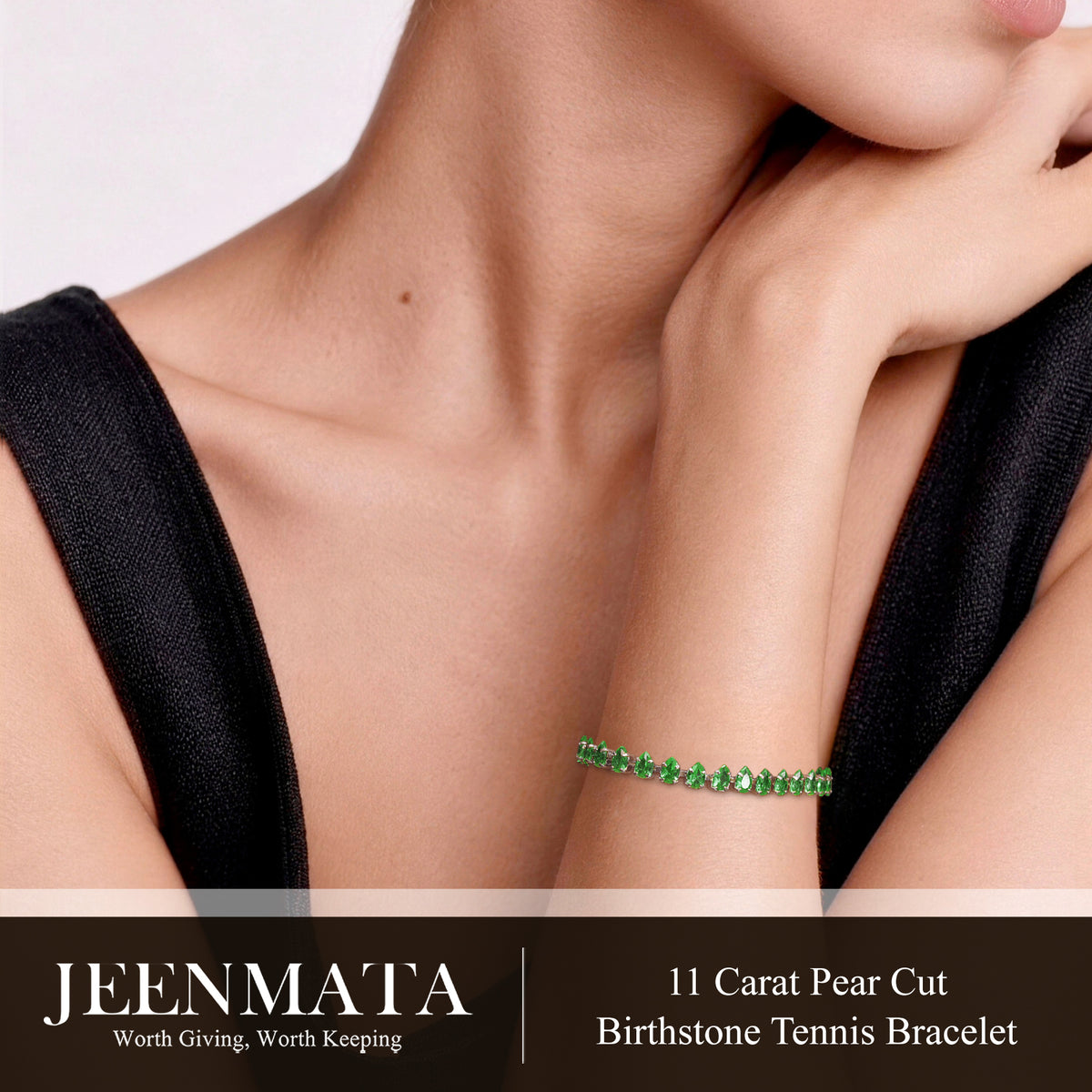 JeenMata 11 TCW May Emerald - Pear Cut Birthstone Tennis Bracelet for Women in Eternity Design - White Gold Plating, Female, Adult