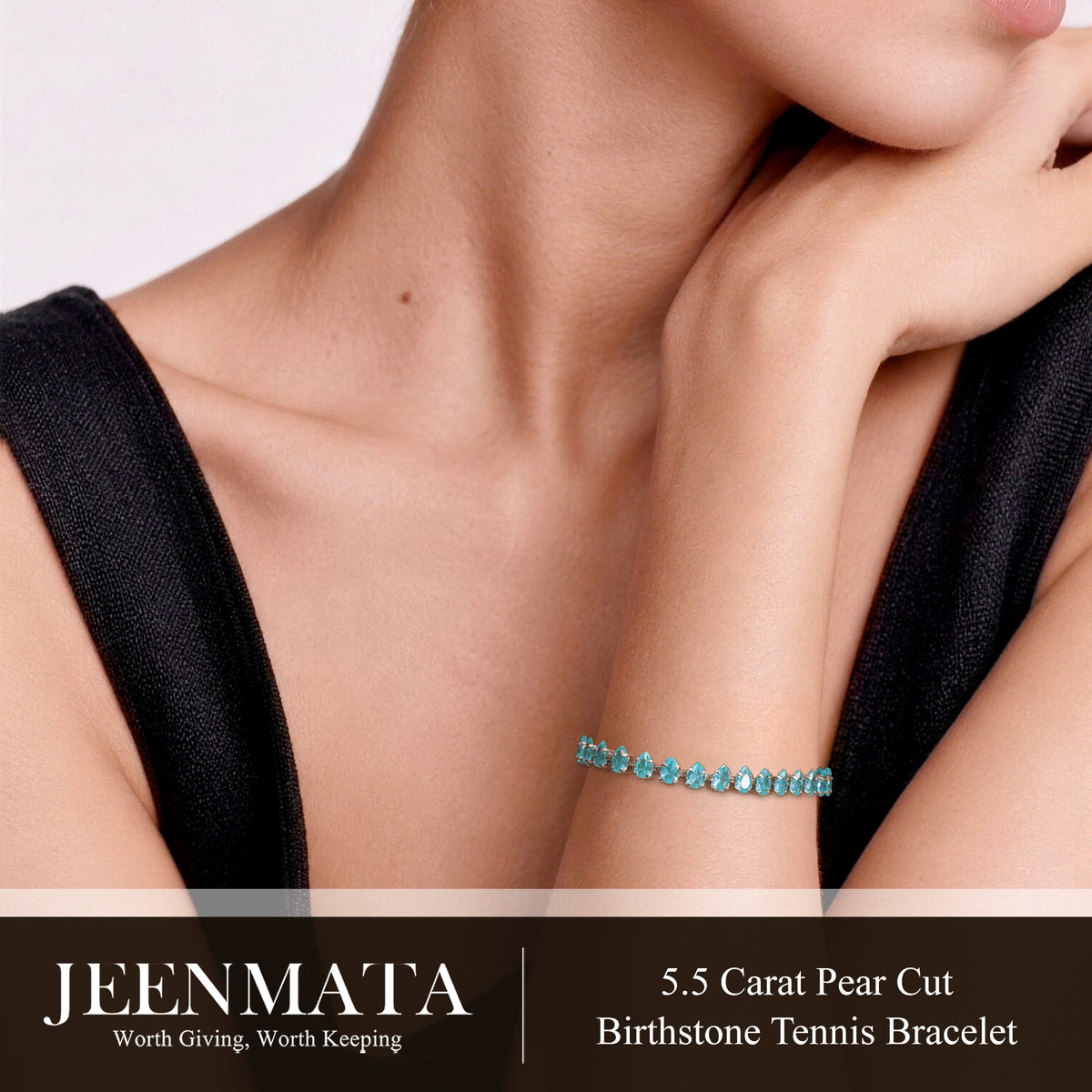 JeenMata 5.5 Carat December Blue Topaz - Pear Cut Birthstone Tennis Bracelet Eternity Design - White Gold Plating, Female, Adult