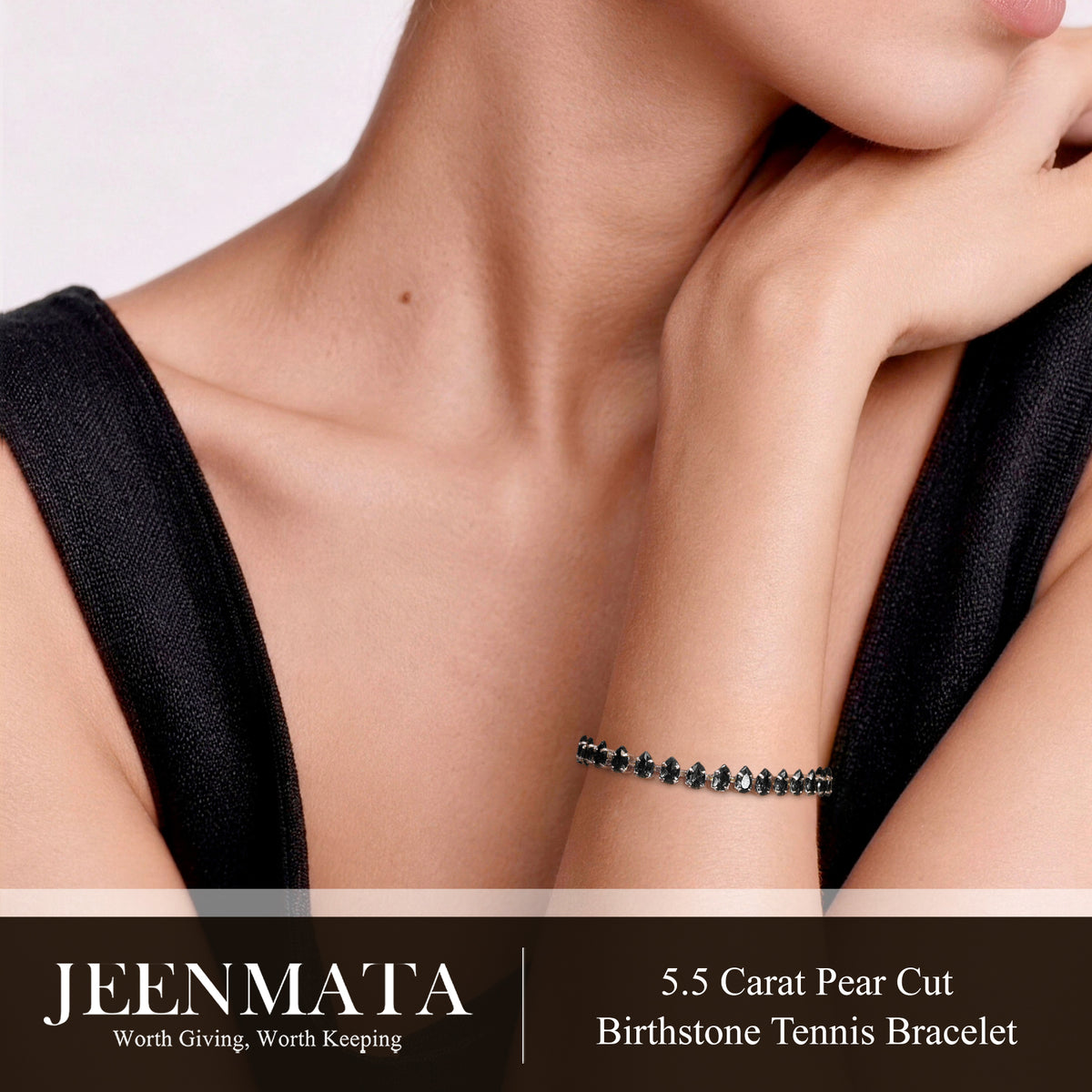 JeenMata 5.5 Carat Black Cubic Zirconia - Pear Cut Birthstone Tennis Bracelet Eternity Design - White Gold Plating, Female, Adult