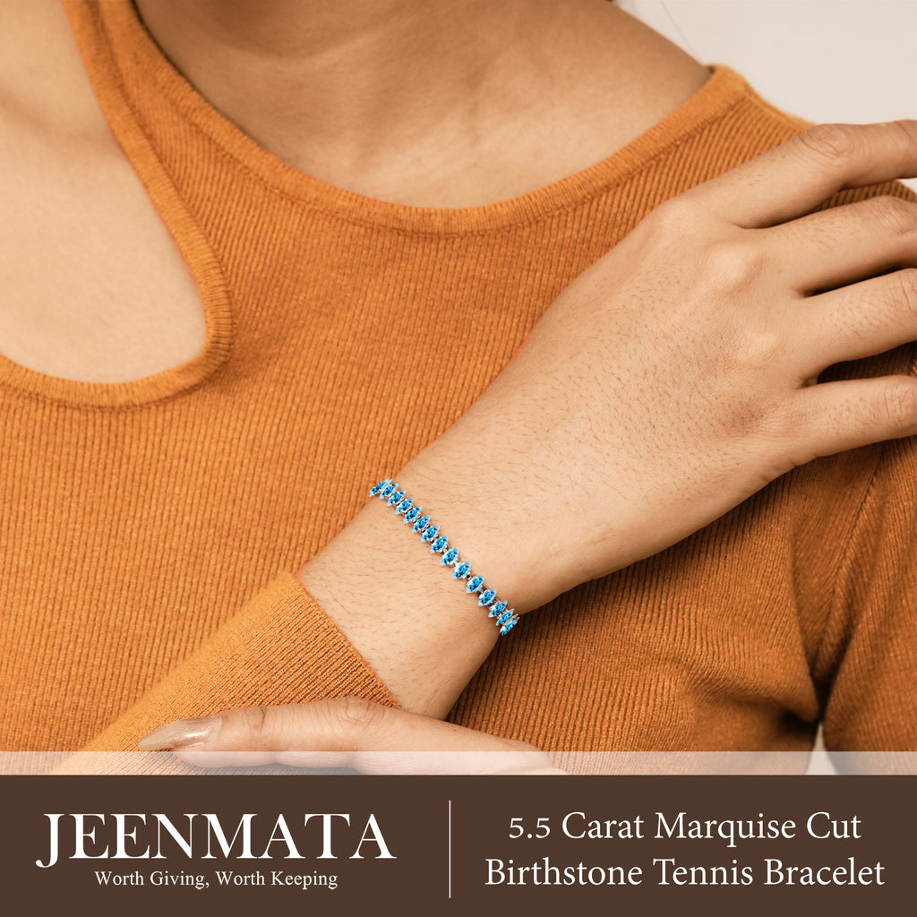 JeenMata 5.5 Carat December Blue Topaz - Marquise Cut Birthstone Tennis Bracelet Eternity Design - White Gold Plating, Female, Adult