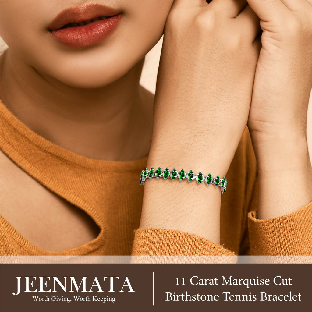 JeenMata 11 TCW May Emerald - Marquise Cut Birthstone Tennis Bracelet for Women in Eternity Design - White Gold Plating, Female, Adult