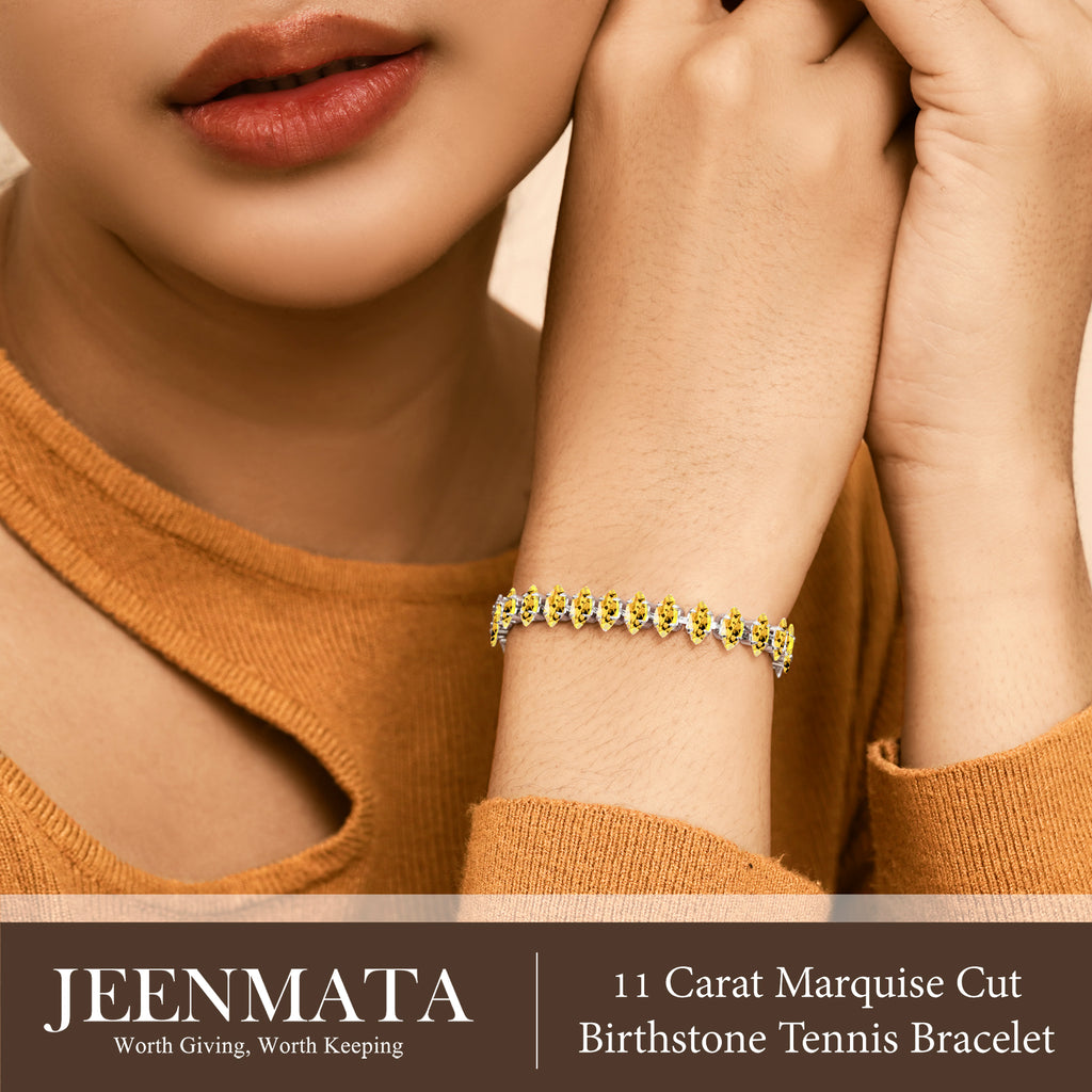 JeenMata 11 TCW November Citrine - Marquise Cut Birthstone Tennis Bracelet for Women in Eternity Design - White Gold Plating, Female, Adult