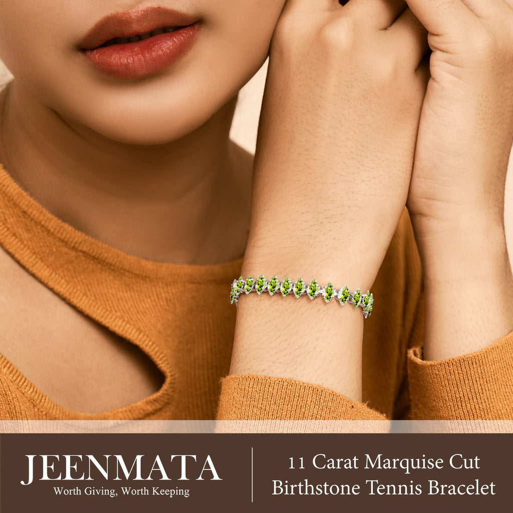 JeenMata 11 TCW August Peridot - Marquise Cut Birthstone Tennis Bracelet for Women in Eternity Design - White Gold Plating, Female, Adult