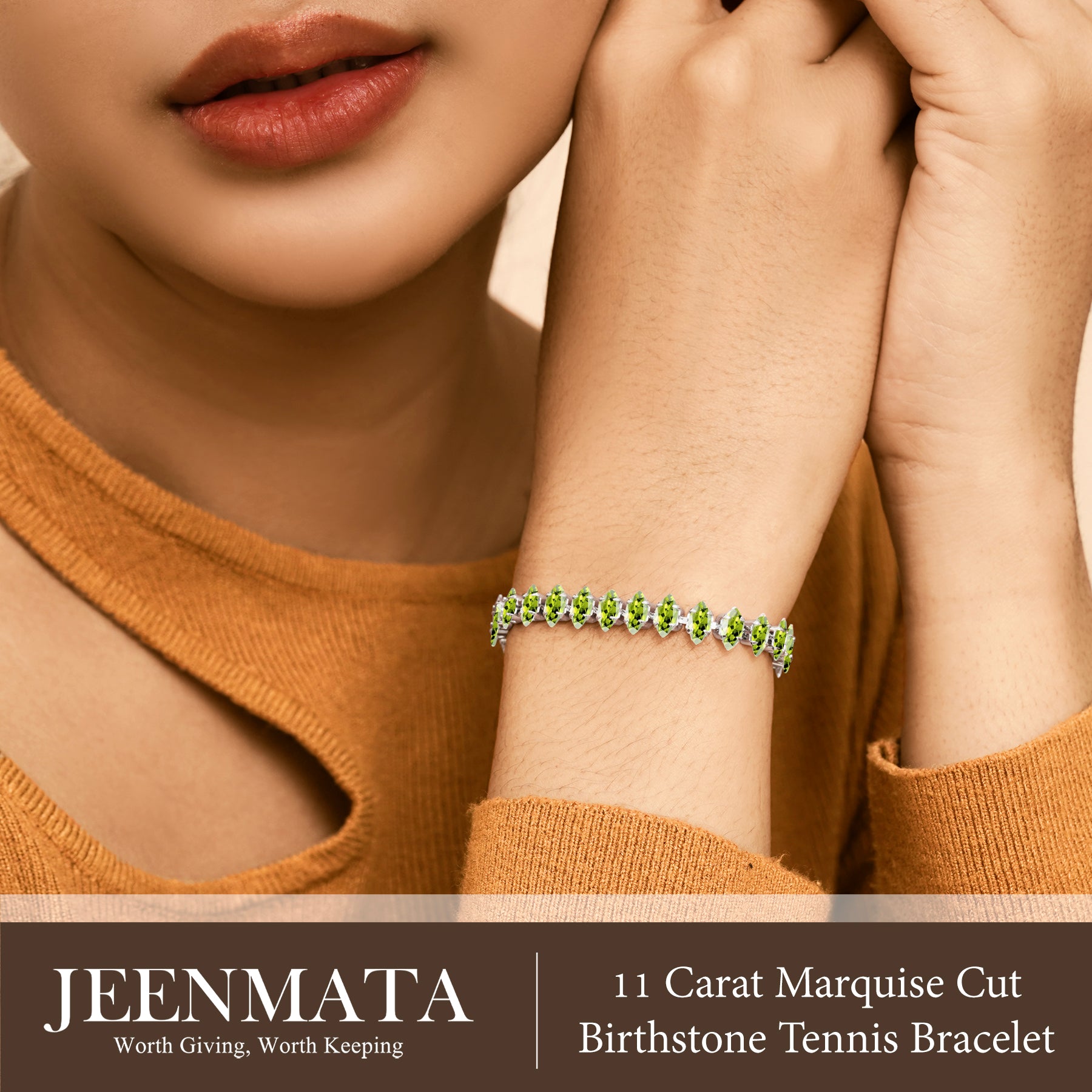 JeenMata 11 TCW August Peridot - Marquise Cut Birthstone Tennis Bracelet for Women in Eternity Design - White Gold Plating, Female, Adult