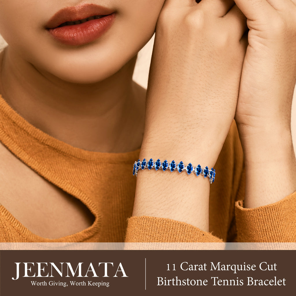 JeenMata 11 TCW September Blue Sapphire - Marquise Cut Birthstone Tennis Bracelet for Women in Eternity Design - White Gold Plating, Female, Adult