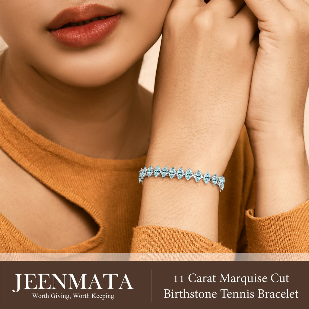 JeenMata 11 TCW March Aquamarine - Marquise Cut Birthstone Tennis Bracelet for Women in Eternity Design - White Gold Plating, Female, Adult