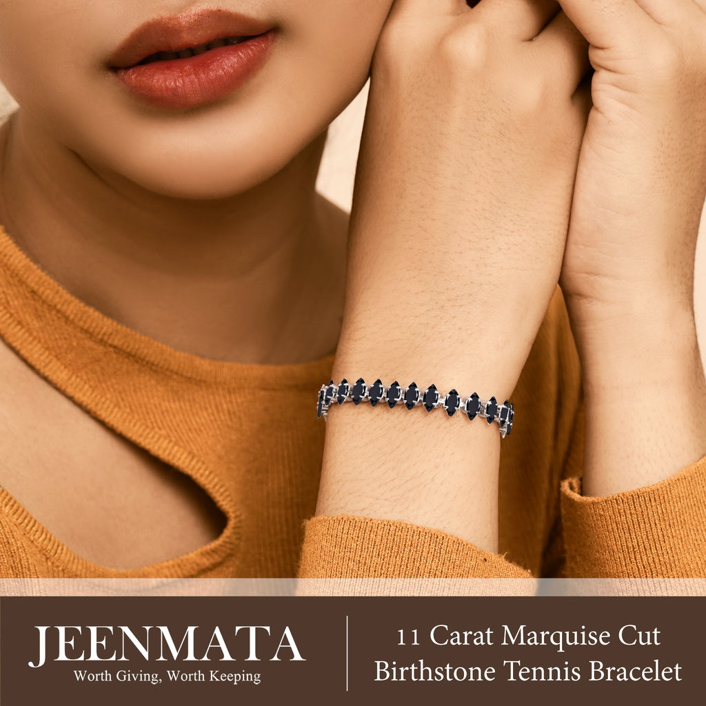 JeenMata 11 TCW Black Cubic Zirconia - Marquise Cut Birthstone Tennis Bracelet for Women in Eternity Design - White Gold Plating, Female, Adult