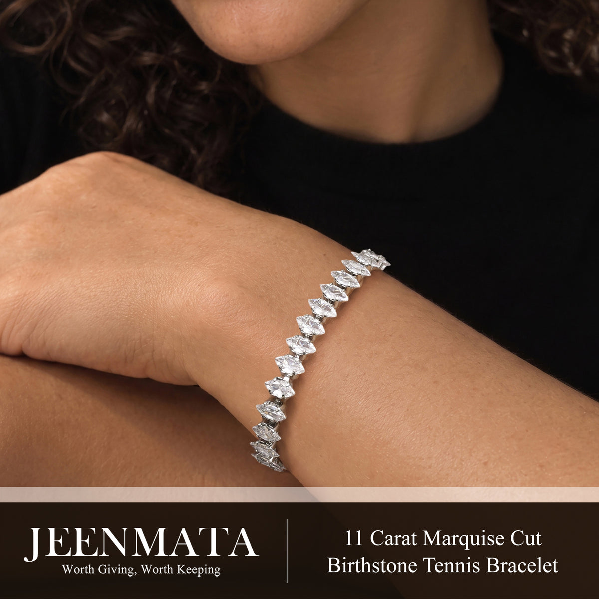 JeenMata 11 TCW April Cubic Zirconia - Marquise Cut Birthstone Tennis Bracelet for Women in Eternity Design - White Gold Plating, Female, Adult