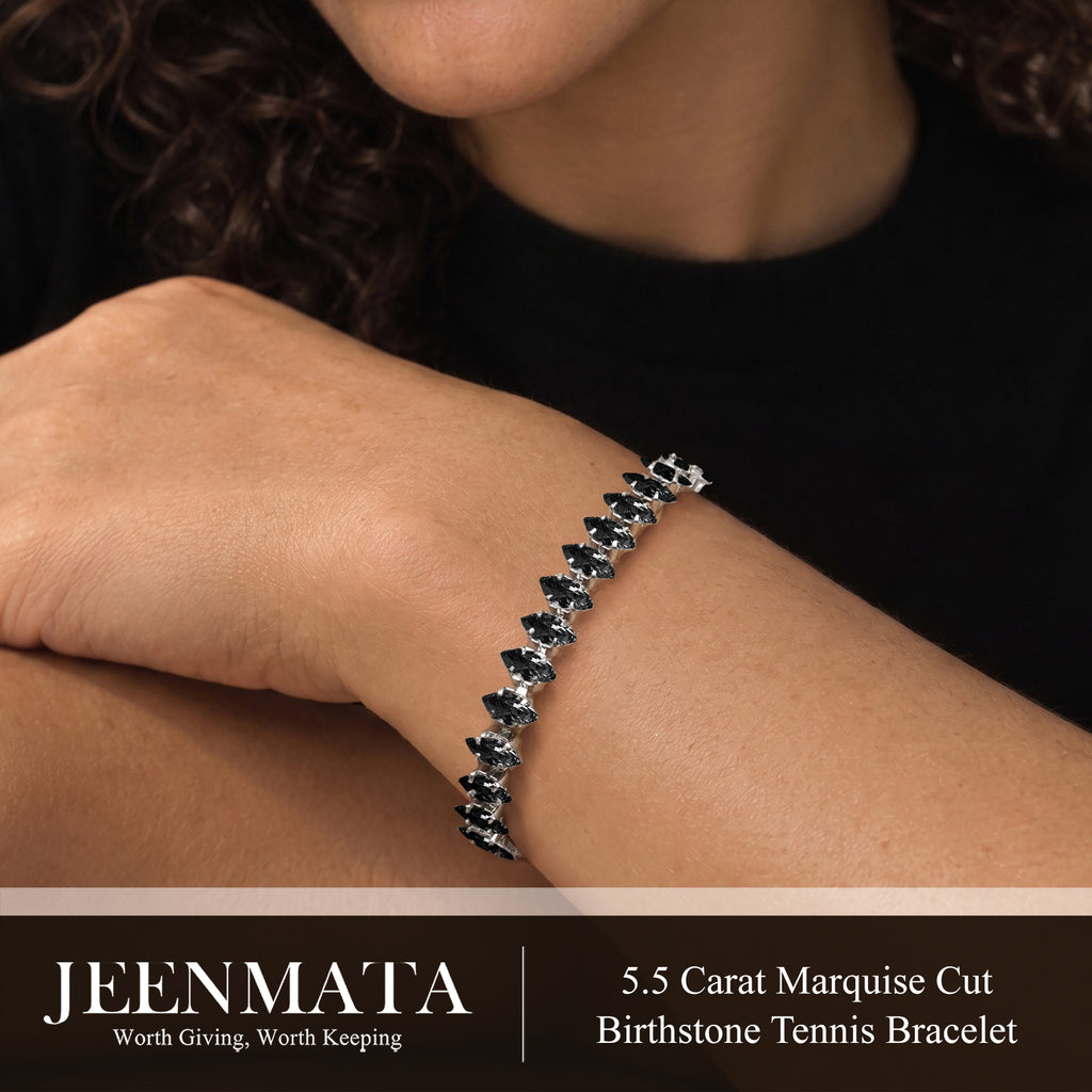 JeenMata 5.5 Carat Black Cubic Zirconia - Marquise Cut Birthstone Tennis Bracelet Eternity Design - White Gold Plating, Female, Adult
