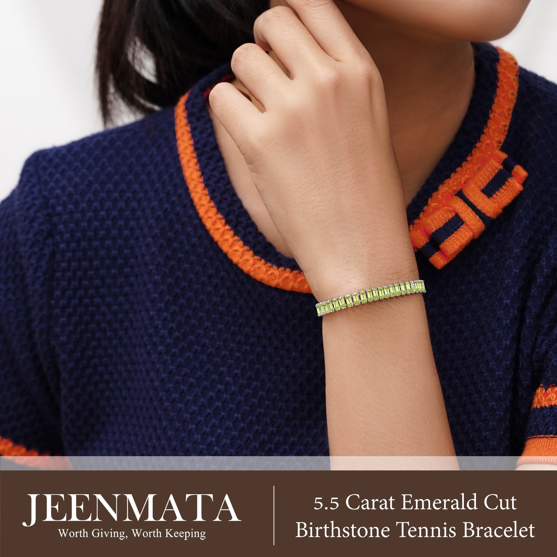 JeenMata 5.5 Carat August Peridot - Emerald Cut Birthstone Tennis Bracelet Eternity Design - White Gold Plating, Female, Adult