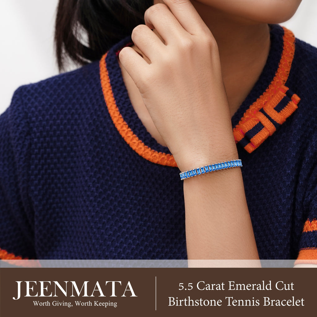 JeenMata 5.5 Carat September Blue Sapphire - Emerald Cut Birthstone Tennis Bracelet Eternity Design - White Gold Plating, Female, Adult