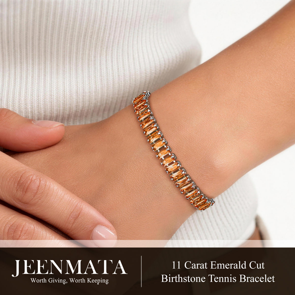 JeenMata 11 TCW January Garnet - Emerald Cut Birthstone Tennis Bracelet for Women in Eternity Design - White Gold Plating, Female, Adult