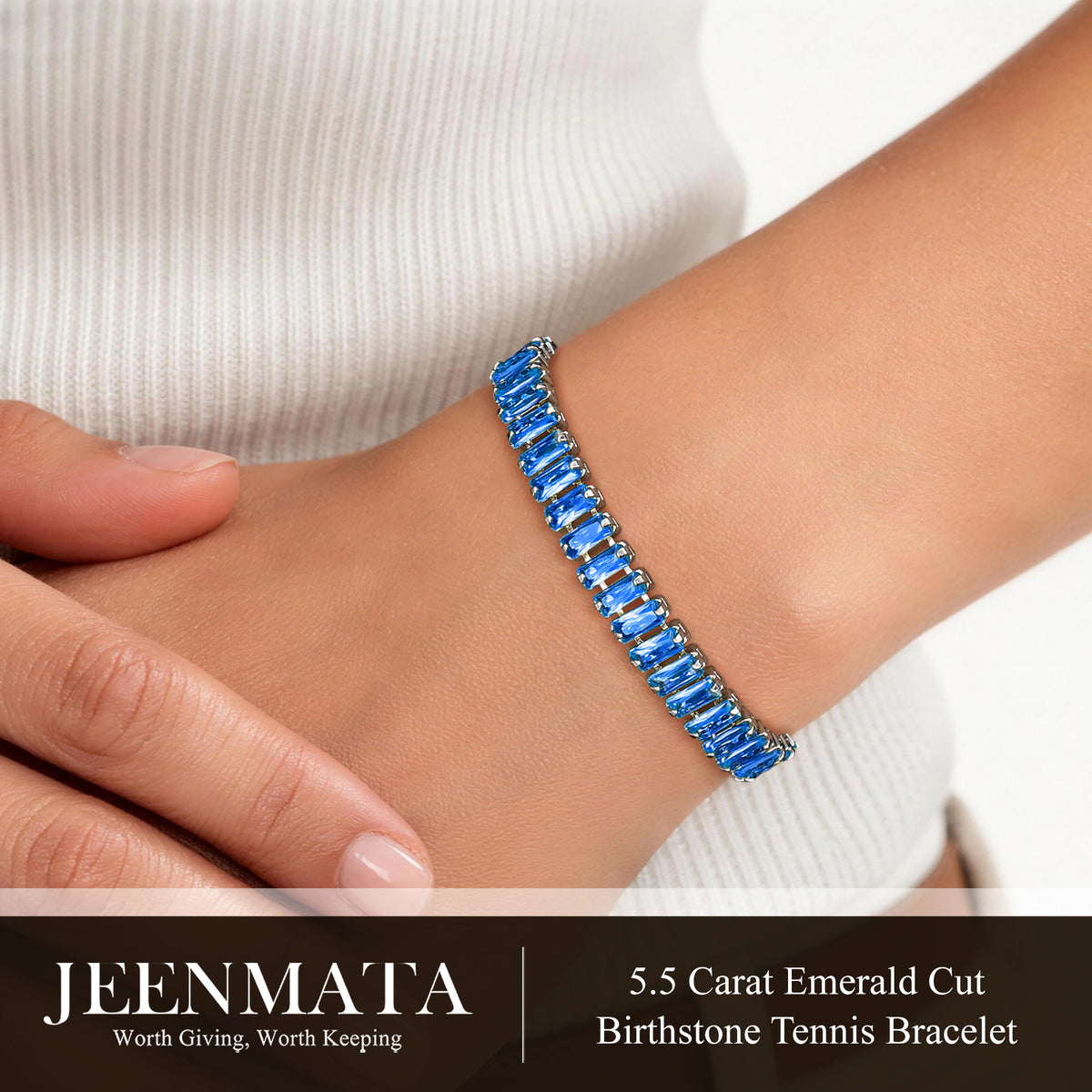 JeenMata 5.5 Carat September Blue Sapphire - Emerald Cut Birthstone Tennis Bracelet Eternity Design - White Gold Plating, Female, Adult